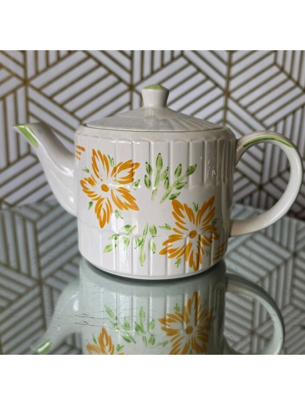 Vintage Ellgreave Wood & Sons England Ironstone Teapot Yellow Orange Floral
